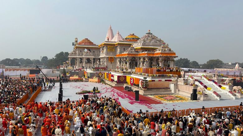 A general view of the audience during the opening of a temple dedicated to Hindu deity Lord Ram, in Ayodhya, India, on January 22, 2024.