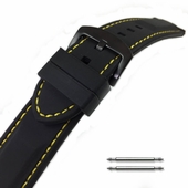 Black Silicone 22mm Watch Band Strap Yellow Stitching Steel Buckle #4007